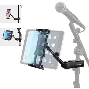 Moukey Adjustable Tablet Holder Clip-on Phone Mount for Mic Microphone Stand Music Stand, Compatible with All 4.7 to 12.9 Inches iPad, iPhone, Android Tablets, Pads, Smartphones