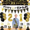 27pcs 21st Birthday Decorations for Men,Black Gold 21st Party Decorations,Happy 21st Birthday Banner Honeycomb Hanging Swirls Cake Topper and Balloons Kit Party Supplies
