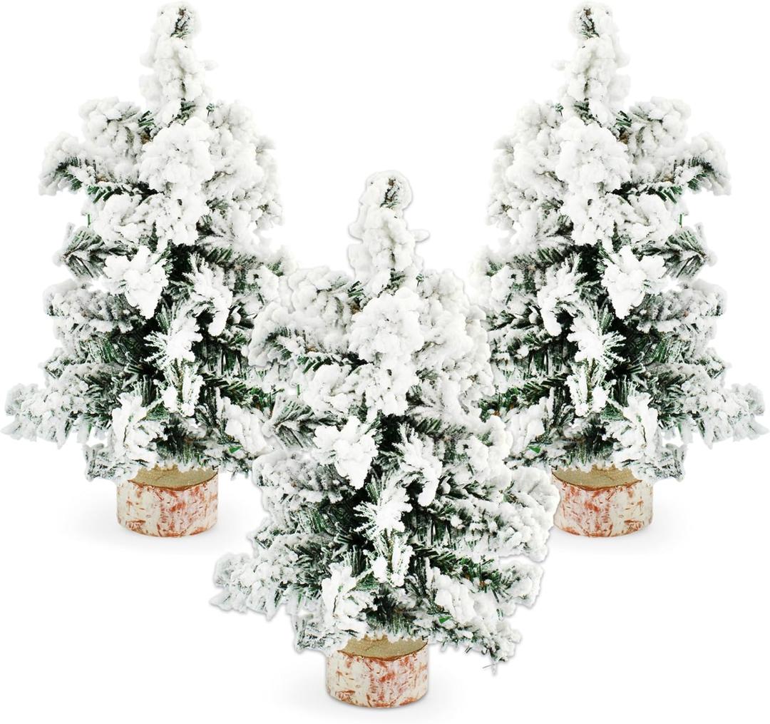 AuldHome Design Mini Christmas Trees (3-Pack, 10-Inch, Flocked); Canadian Pine Greenery Tabletop Holiday Decor