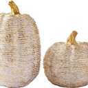 DN DECONATION Fall Pumpkin Decorations Table Centerpieces, 2Pcs White & Gold Artificial Pumpkins Figurines for Autumn Thanksgiving Harvest Indoor Home Decor (Resin with Rope-Wrapped Texture)