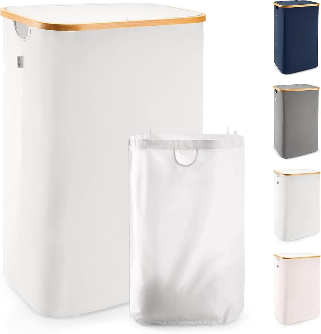 LONBET 26 Gal. Laundry Basket with Lid, Made from Breathable Fabric Aesthetic Clothes Hampers for Laundry with Side Handles & Sturdy Bamboo Frame Laundry Hamper with Lid & Removable Bag, Light Gray