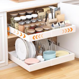 1Pack Expandable Pull Out Cabinet Organizer 16.5" D with Raising Pad for Framed Cabinets, Slide Out Drawers with 4pcs Divider Racks, Pull Out Shelves Adhesive, Adjustable Width 12.2"-20.7" (White)