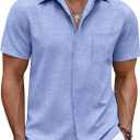 COOFANDY Mens Linen Shirt Casual Short Sleeve Button Down Shirt Summer Beach Vacation Wedding Wear (Medium, Ocean Blue)