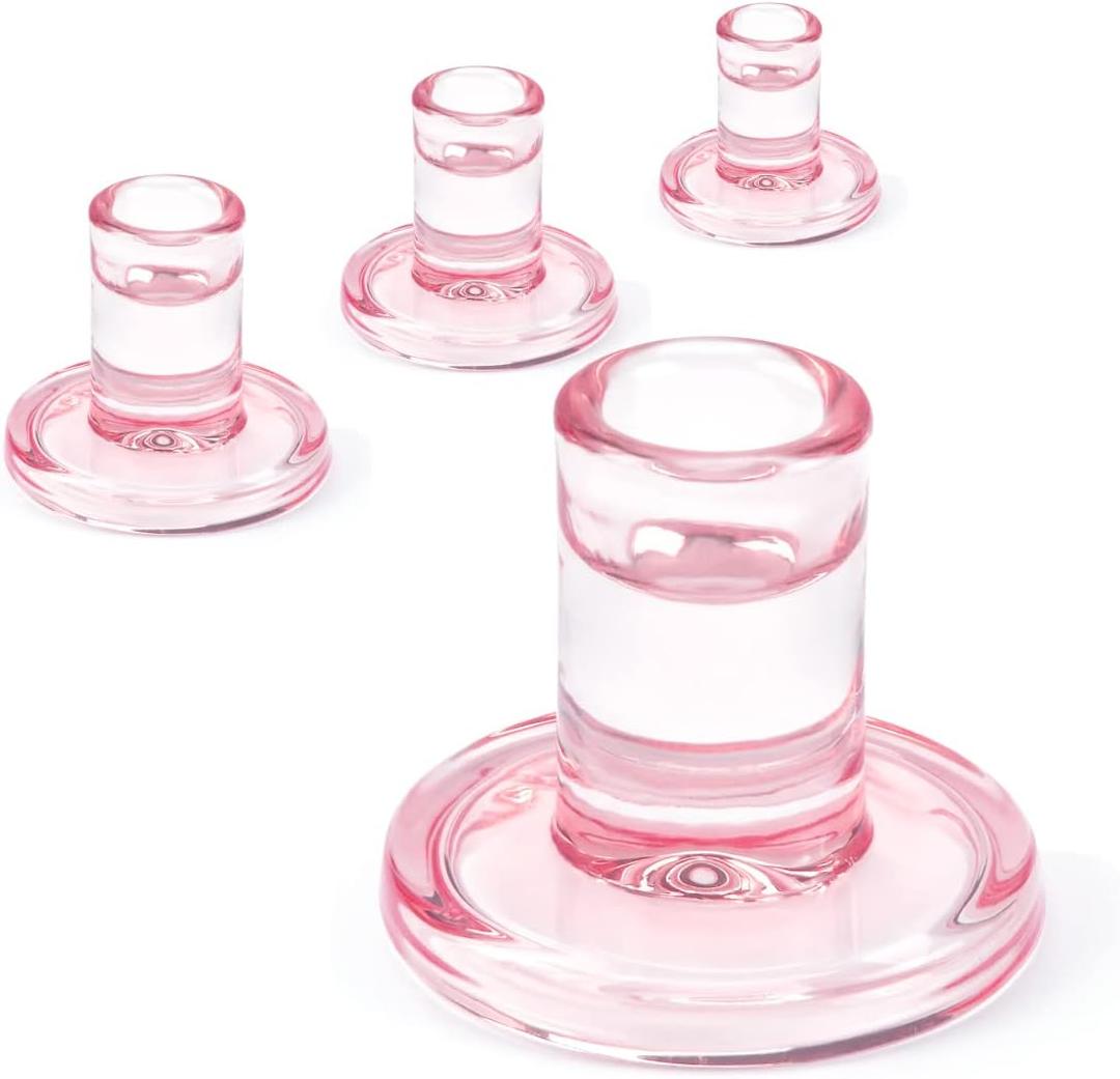 4PCS Pale Pink Taper Candle Holders, Glass Crystal Candlestick Holders Bulk, Clear Candle Holders for Dining Table Centerpiece