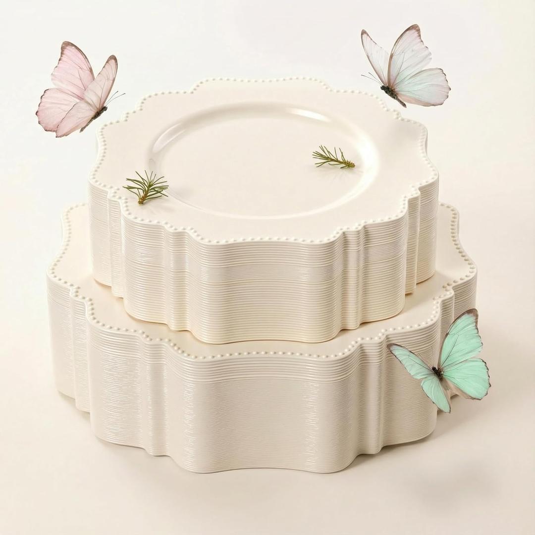 COLOSUS 60pcs Ivory Plastic Plates -Elegant Plastic Plates,Heavy Duty Cream Disposable Plates for Party Include 30 pcs Dinner Plate and 30 pcs Dessert Plate for Wedding/birthday/baby shower (Iovry)