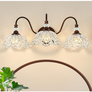 Antique Red Bronze Finish Bathroom Vanity Light, 3-Light Vintage Vanity Light with Floral Clear Glass Shades, Retro Wall Mount Lighting for Bathroom, Dressing Table