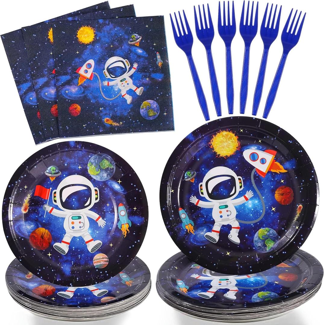 SCIONE 96 Pcs Outer Space Party Decorations Galaxy Party Tableware Set, Solar System Paper Party Plates Napkins Forks for 24 Guests, Kids Party Favors Space Themed Birthday Party Supplies
