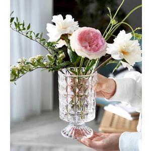 BLOFLO Embossed Glass Vase, 7'' Crystal Glass Vases for Flowers, Pedestal Big Base Glass Bouquet Vase, Hydroponic Glass Transparent Vase for Home Office Wedding Dining Table Party (Diamond Pattern)
