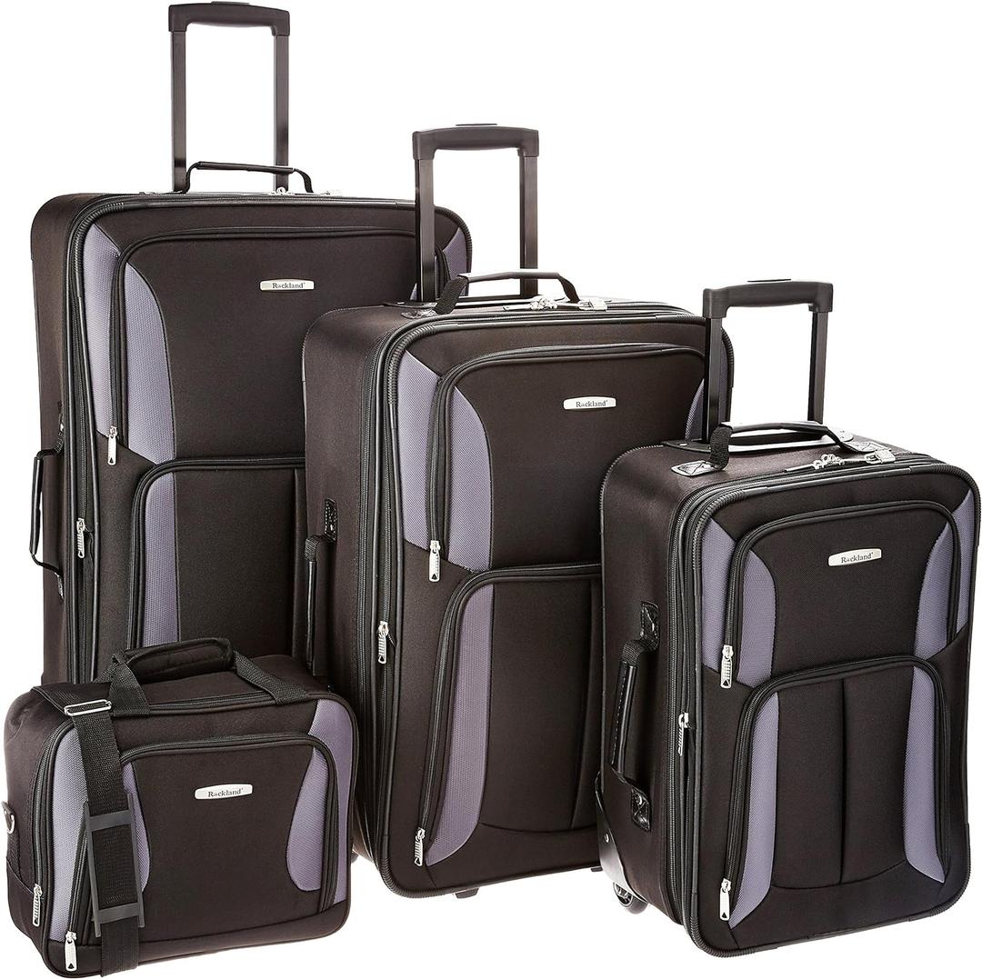 Rockland Fashion Softside 4 Piece Luggage Set, Expandable, (14" Tote/19"/24"/28"), Black Gray