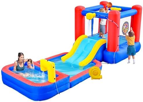 WELLFUNTIME Inflatable Bounce House with Water Sprayers, Water Slides Park with Blower, Dartboard, Basketball Hoop, Deep Pool