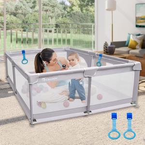 Calody Baby Playpen, 50x50inch Large Baby Playard for Toddlers, Playpen for Babies and Toddlers with Gate, Indoor & Outdoor Toddler Play Pen Activity Center for Babies, Kids, Infant (Green, Grey)
