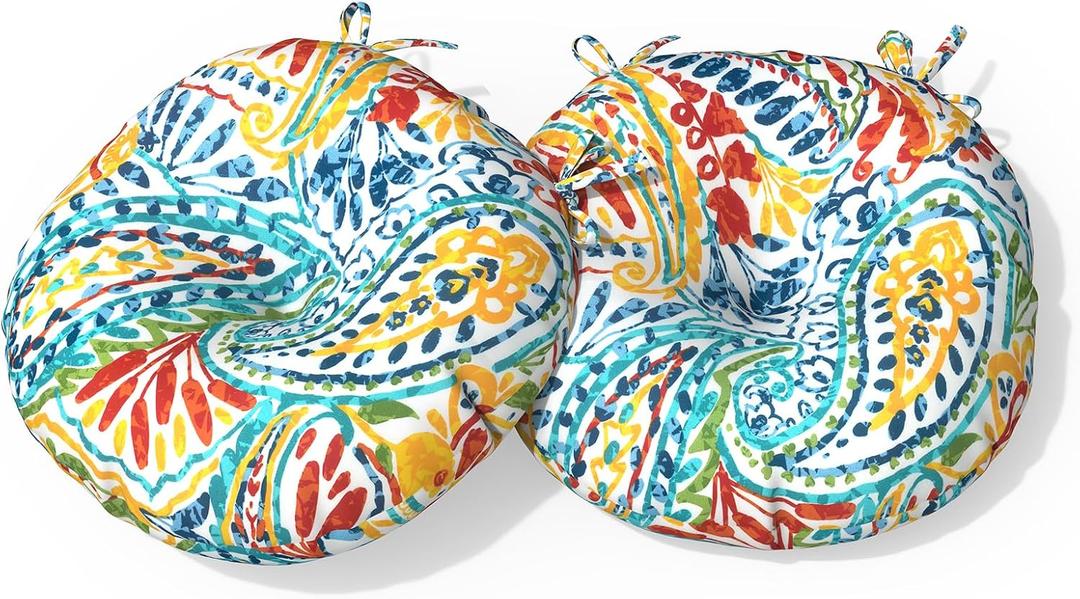 Outdoor Bistro Chair Cushion with Ties, Tufted Patio Chair Cushions Set of 2, Round Seat Cushion 15x15x4 for Home Garden Balcony Office Porch Lawn Deck, Paisley Multi