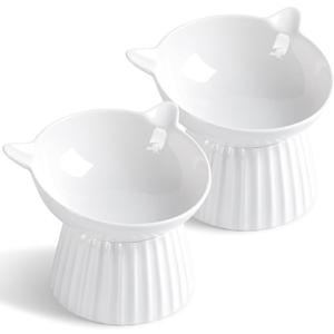 Ceramic Raised Cat BowlTilted Raised Bowl Anti Vomit for Indoor Cats Whisker Friendly Pet Feeder for Cats Puppies, Microwave and Dishwasher Safe (White-2 Pack)