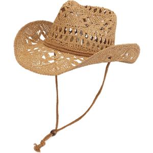 Straw Cowboy Hat for Women and Men with Shapeable Wide Brim Sun Beach Western Cowgirl Hat (One Size, Khaki)