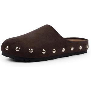 QIY Womens Slip on Clogs Studded Mules Comfortable Footbed Mule Chocolate Faux Suede Potato Shoes for Women Size 8.5