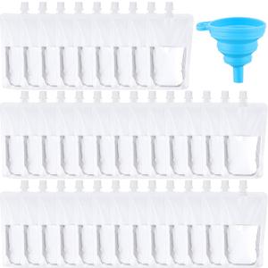 Patelai 150 Pieces Plastic Liquid Pouch Reusable Juice Pouches Travel Water Leak Proof Bags Bulk with Collapsible Silicone Funnel for Travel Outdoor (12 oz)