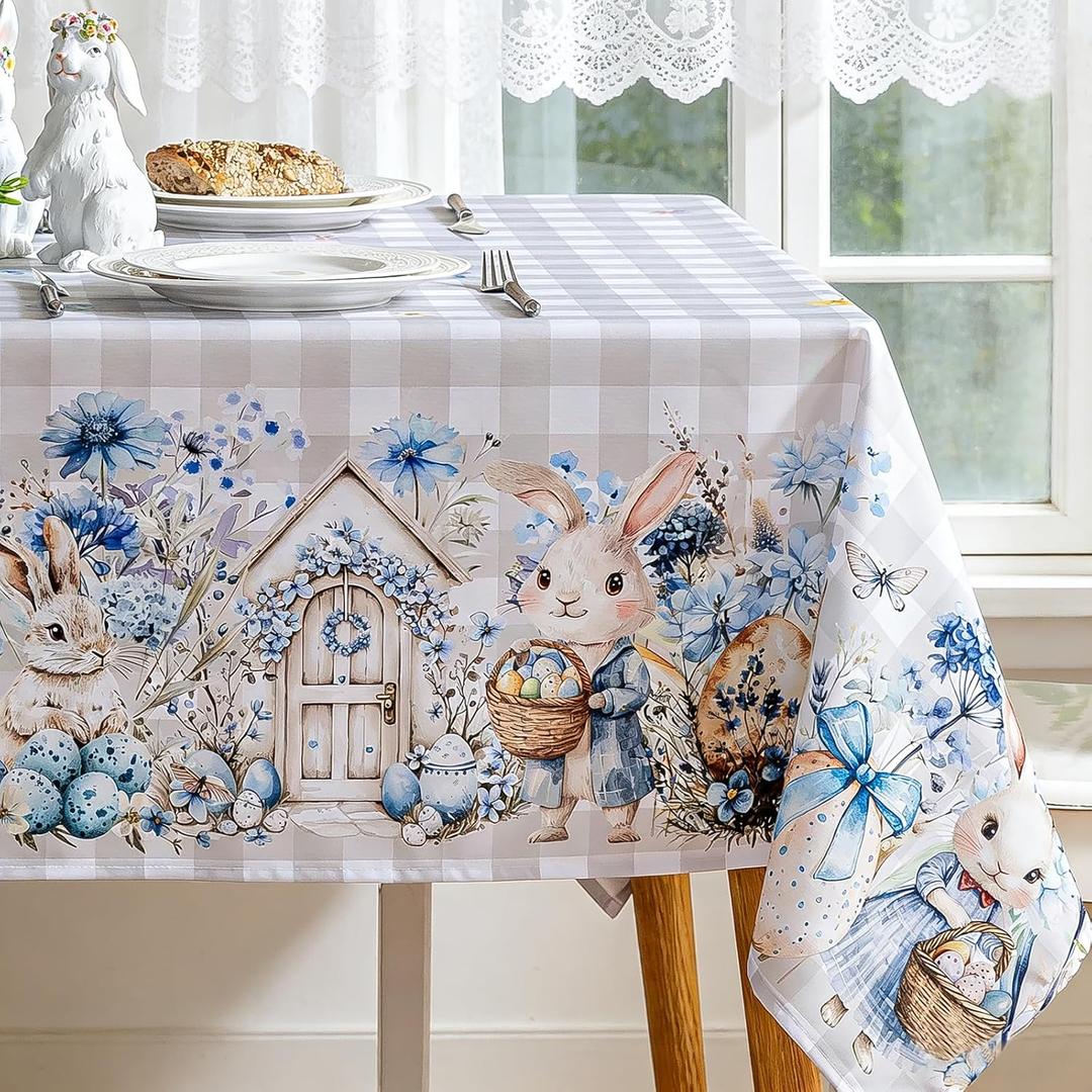 Joyfol Day Buffalo Plaid Easter Tablecloth, Bunny Waterproof Rectangle Table Cloth, Blue Flowers Washable Table Cover for Spring Dining Party Decor (84 X 60 Inch), Grey Checkered