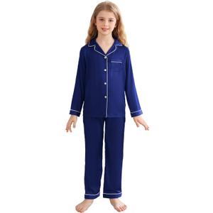 Veseacky Kids Summer Pajama Set Soft Satin Button Top and Pj Long 2-Pieces Sleepwears Set (Blue,8y 9y)
