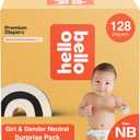 Hello Bello Newborn Premium Diapers, (Size NB - Up to 10 lbs) Surprise Pack for Girls - 128 Count, Hypoallergenic with Soft, Cloth-Like Feel - Assorted Girl & Gender Neutral Patterns