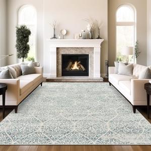 Soalmost 9x12 Area Rugs for Living Room, Stain Resistant Neutral Washable Rugs for Dining Room, Bedroom, Floral Vintage Non-Slip Extra Large Area Rug(Light Blue, 9'x12')