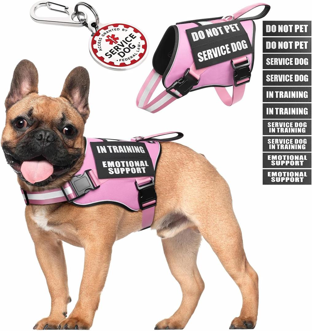 MOOGROU Service Dog Vest Harness+ID Tag+10 Patches,Metal Serivce Dog Tag&Reflective Emotional Support Dog Vest with Handle for Small Dogs,Easy Put On/Off for Training/Walking/Everyday Pink XS