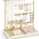 Emibele Jewelry Holder, Jewelry Organizer Stand Necklace Earrings Bracelet Holder, 5 Tier Jewelry Display Tower Rack with Metal Frame and Velvet Ring Tray, Aesthetic Jewelry Stand Gift for Women, Gold