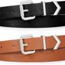 2 x XZQTIVE 2 Pack Women's Skinny Leather Belts for Jeans Pants Dress Ladies Thin waist belt with Gold Buckle (Silver Black+brown)