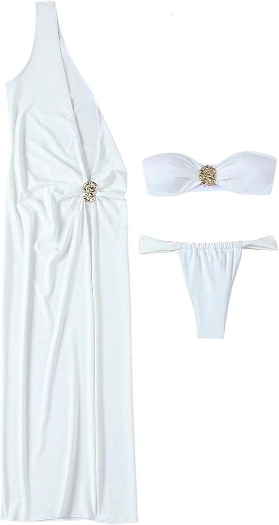 SOLY HUX Women's 3 Piece Swimsuit Bandeau Bikini Set Bathing Suit with Cover Up Dress Solid White X-Small