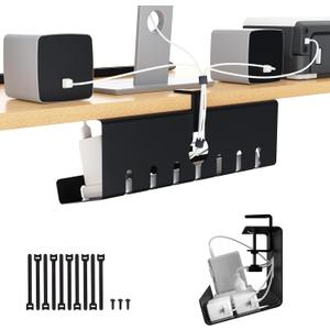 Syeeiex 17" Under Desk Cable Management Tray, No-Drill C-Clamp & Screw Mount, Heavy Duty Metal Cord Organizer with Cable Ties, for Office Home Workspace, Black