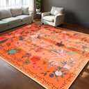 Rugs for Living Room, Floral 6x9 Non Slip Machine Washable Large Living Room Rug, 0.27 Low Pile & Non-Shedding Boho Large Area Rug for for Livingroom, Bedroom, Dining Room (Orange)