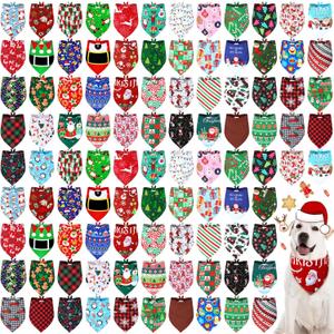 Newwiee 100 Pcs Christmas Dog Bandanas Bulk for Dogs Triangle Bibs Scarf Holiday Xmas Soft Breathable Dog Christmas Scarf Accessories for Large Dog Puppy Cat (Trendy Style)