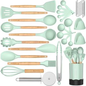 Silicone Cooking Kitchen Utensil Set, Fungun 35 pcs Kitchen Utensils Tools Wooden Handle Spoons Spatulas Set Cookware Turner Tongs Whisk Kitchen Gadgets with Holder (Turqoise)
