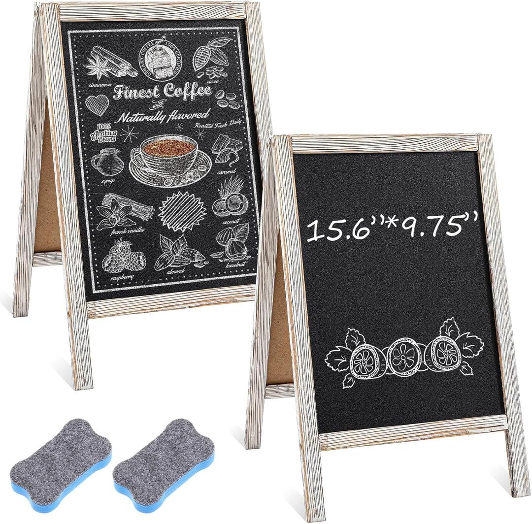 Henoyso 2 Pcs 16" x 10" Small Chalkboard Easel Tabletop Chalkboard Signs Menu Wooden A Frame Sandwich Board for Table, Double Sided with 2 Erasers for Bar Parties Display Home Decor(White)