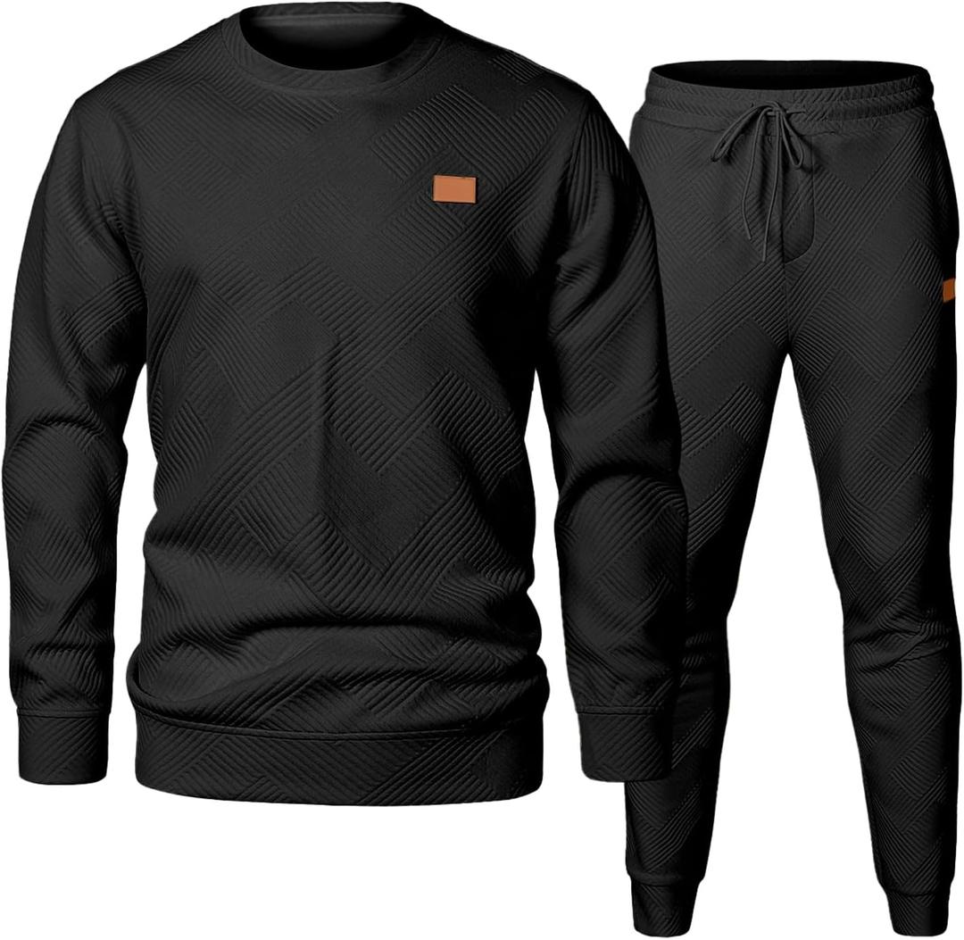 JMIERR Men's 2 Piece Outfits Knit Jacquard Pullover Sweatshirt Tracksuit & Joggers Sweatpants Sweatsuit Sets with Pockets (X-Large, Black)