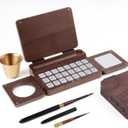 Fuumuui Travel Watercolor Palette 24 Grids Foldable with 2pcs Sable Travel Watercolor Brushes, Portable Walnut Wood Palette Box for Plein Air Painting