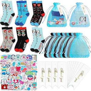 Demonwer 12 Set Christmas Nurse Appreciation Gifts Funny Nurse Socks Stickers Thank You Card Colorful Organza Bags Casual Nursing Socks Set for Christmas Nursing Students Teacher Hospital School Gift