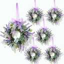 6 Pcs Mini Lavender Hanging Wreaths Purple Daisy Candle Rings Pillar Holder Wreath Wild Flower Spring Summer Floral Wreaths for Farmhouse Porch Front Door Cabinets Window