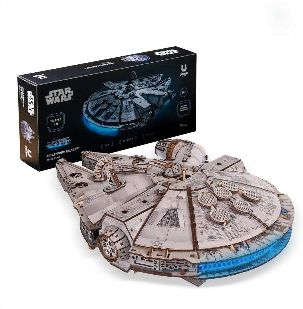 UGEARS Star Wars Millennium Falcon Wooden 3D Puzzles for Adults - DIY Mechanical Model Kit, 3D Puzzle Brain Teaser Puzzles for Adults, Wood Model Building Kits, Hobbies for Men and Women