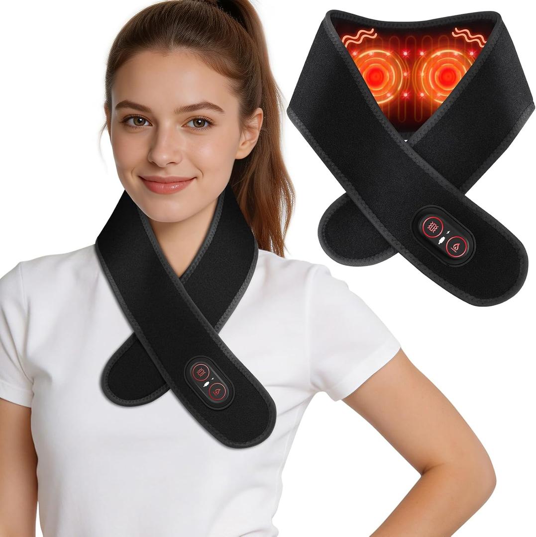 Neck Heating Pad for Pain - Heated Neck Wrap with Electric Massager, Cordless Heating Pad for Neck with 660nm & 850nm Red Light, Heated Neck Brace, 3000mAh, 3 Levels Heat & Massage