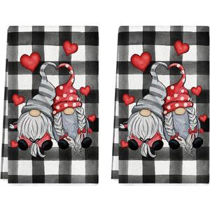 Artoid Mode Buffalo Plaid Gnomes Love Valentine's Kitchen Towels Dish Towels, 18x26 Inch Anniversary Wedding Decoration Hand Towels Set of 2