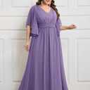 Plus Size Elegant Formal Chiffon Dress A Line Maxi Bridesmaid Mother of The Bride Gala Evening Wedding Guest Prom Gown (Purple, XXXL)