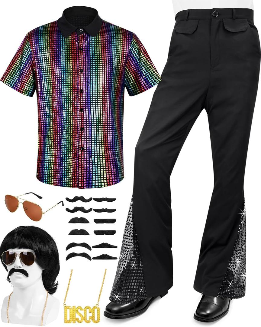 6 PCS Men's 70s Disco Outfit Costume Retro 80s Bell Bottom Pants short Sleeve Shirts Wigs Necklace Moustache Sunglasses (Medium, Vintage)