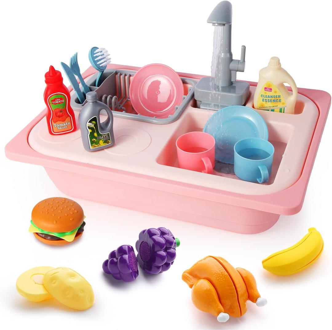 Asweets Color Changing Kitchen Sink Toys, Toddler Sink Toys with Running Water, Pretend Play Toys with Upgraded Faucet, Automatic Water Cycle System (Pink)