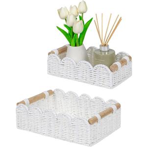 CubesLand Scalloped Edge Decor Baskets for Home, Living Room, Toilet Paper Storage Basket for Over Toilet Tank Top, Storage Shelf, Cute Small Paper Rope Baskets Both Storage&Decor, Set 2 White