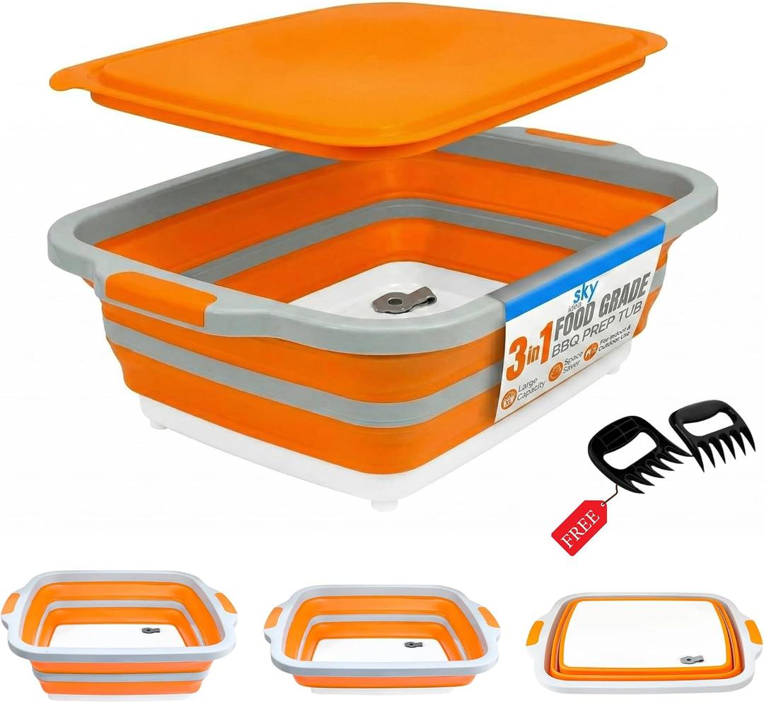 Collapsible BBQ Prep Tub with Lid - XL 4.22 GAL Folding Cutting Board & Food Basin for Outdoor Cooking, Marinating Container, Space Saving Prep Station