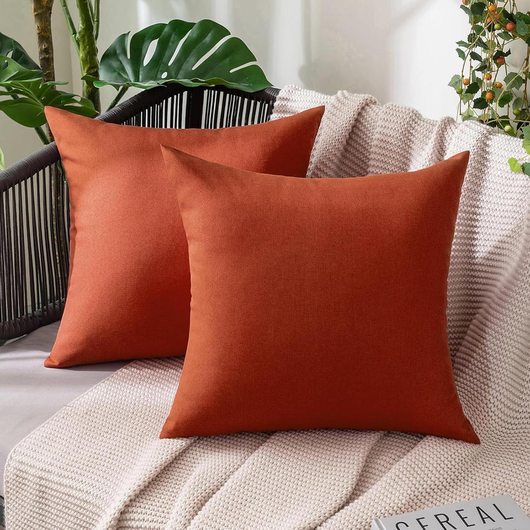 MIULEE Pack of 2 Decorative Outdoor Solid Waterproof Throw Pillow Covers Faux Linen Garden Farmhouse Cushion Cases for Summer Patio Tent Balcony Couch Sofa 16x16 Inch Burnt Orange