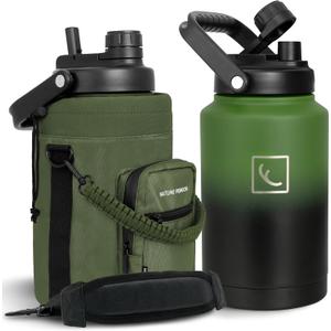 NATURE PIONEOR 1 Gallon Insulated Water Bottle - Double Vacuum Stainless Steel 128 oz Water Bottle with Holder, Wide Mouth & 2-in-1 Lid (Flip Straw & Spout), 1 Gallon Water Jug, Hiking, Camping, Gym Green Black