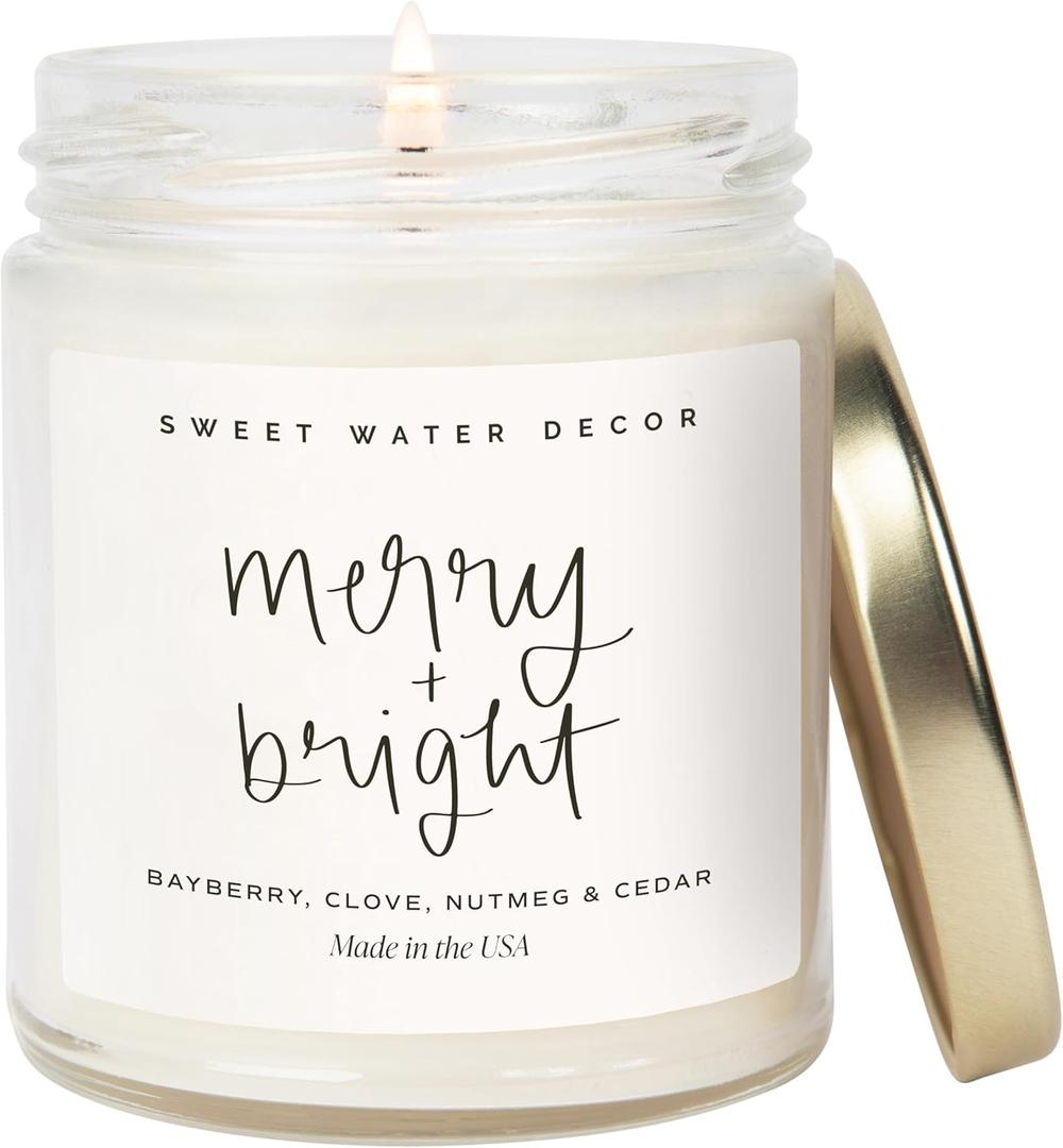 Sweet Water Decor Merry and Bright Candle - Bayberry, Fir, Nutmeg, and Clove Winter Holiday Scented Soy Candles for Home - 9oz Clear Jar, 40 Hour Burn Time, Made in The USA (Script Label)