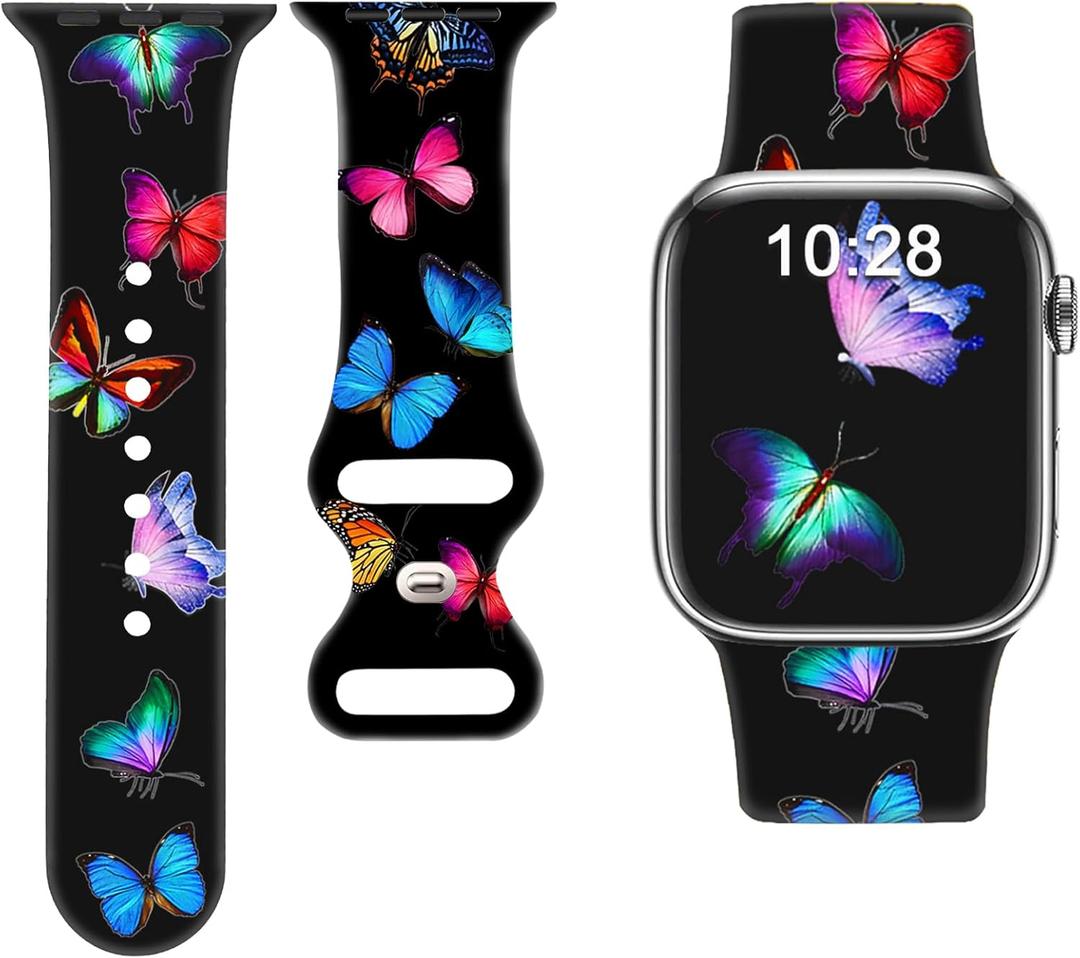 Brigtlaiff Sport Band Compatible with Apple Watch Band Series 9/8/7/6/5/4/3/2/1/SE/Ultra, iWatch Bands 38mm 40mm 41mm 42mm 44mm 45mm 49mm for Women Men, Butterfly/Leopard Printed Silicone Strap Bands