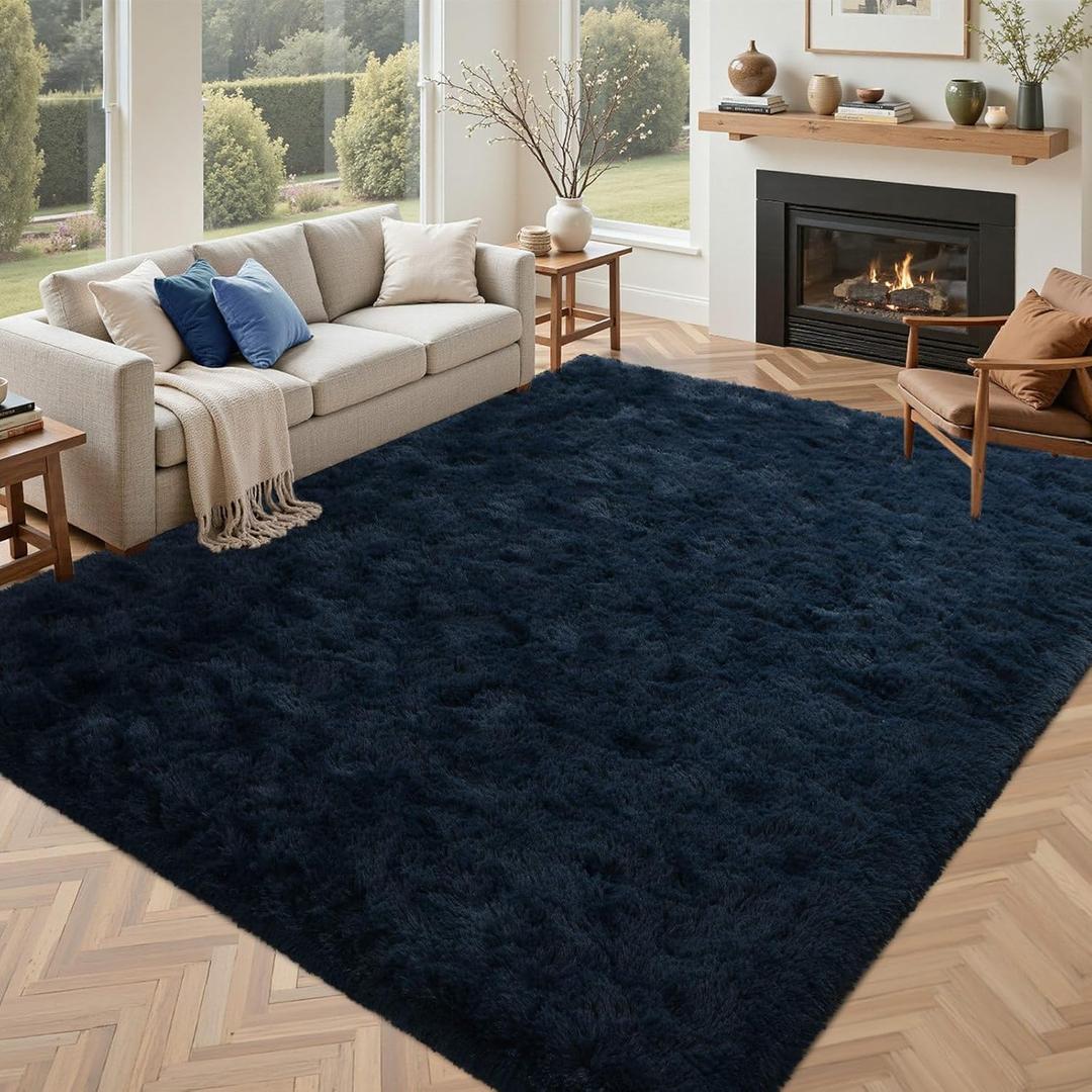 Fluffy Area Rug Blue 4x6 Rugs for Bedroom,Plush Soft Navy Blue Shag Carpet for Living Room Boys Book Room Nursery Kids Playroom Dorm Decor
